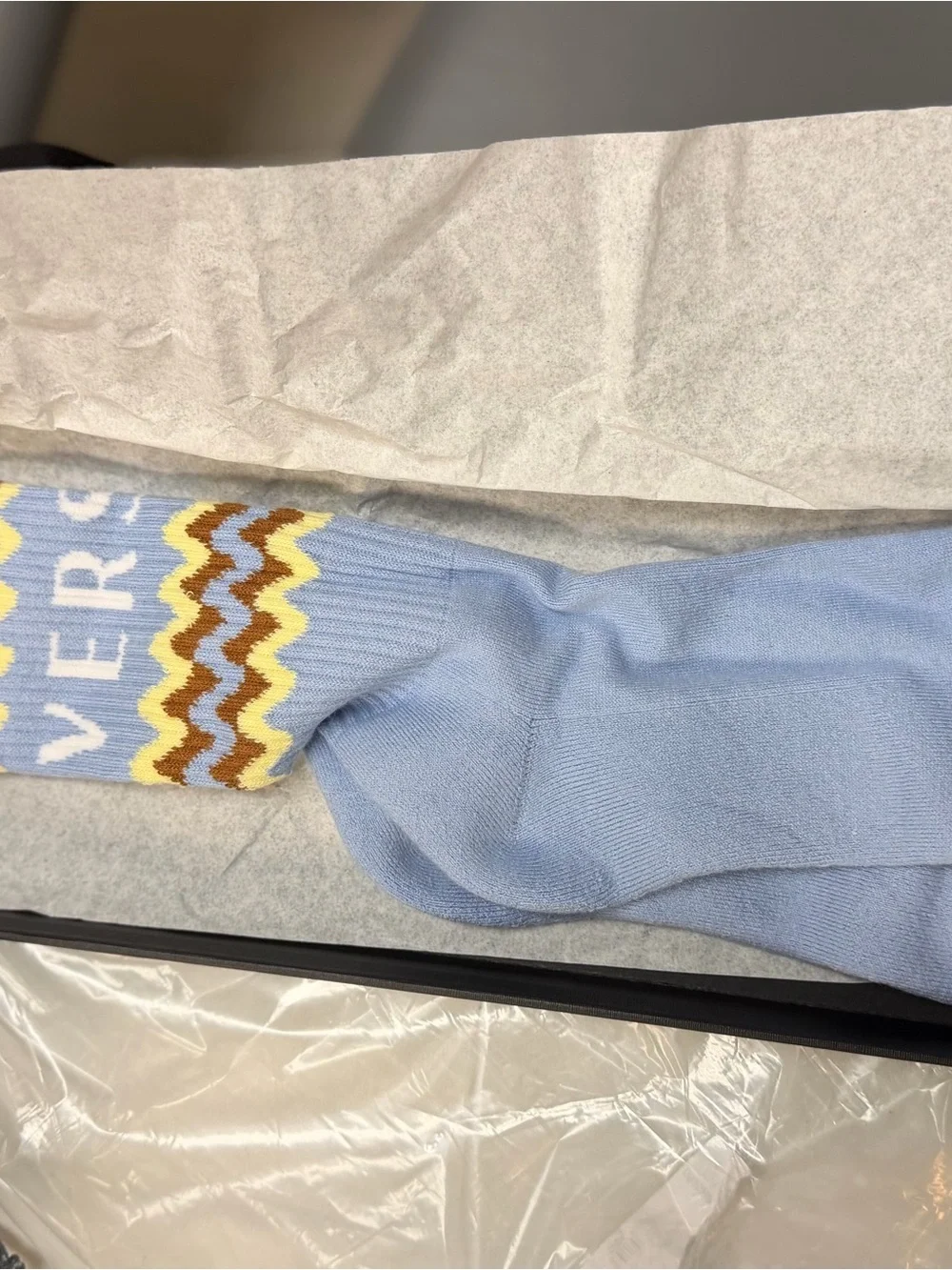 Versace Light Blue Crew Socks with Yellow and Brown Zigzag